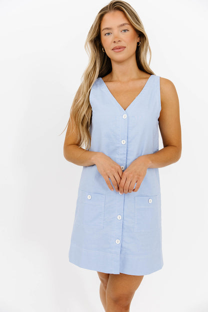 Tasi Contrast Stitch Mini Dress in Chambray