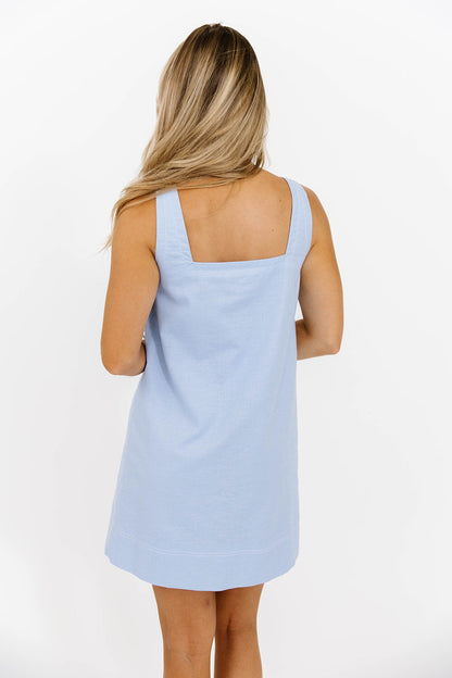 Tasi Contrast Stitch Mini Dress in Chambray