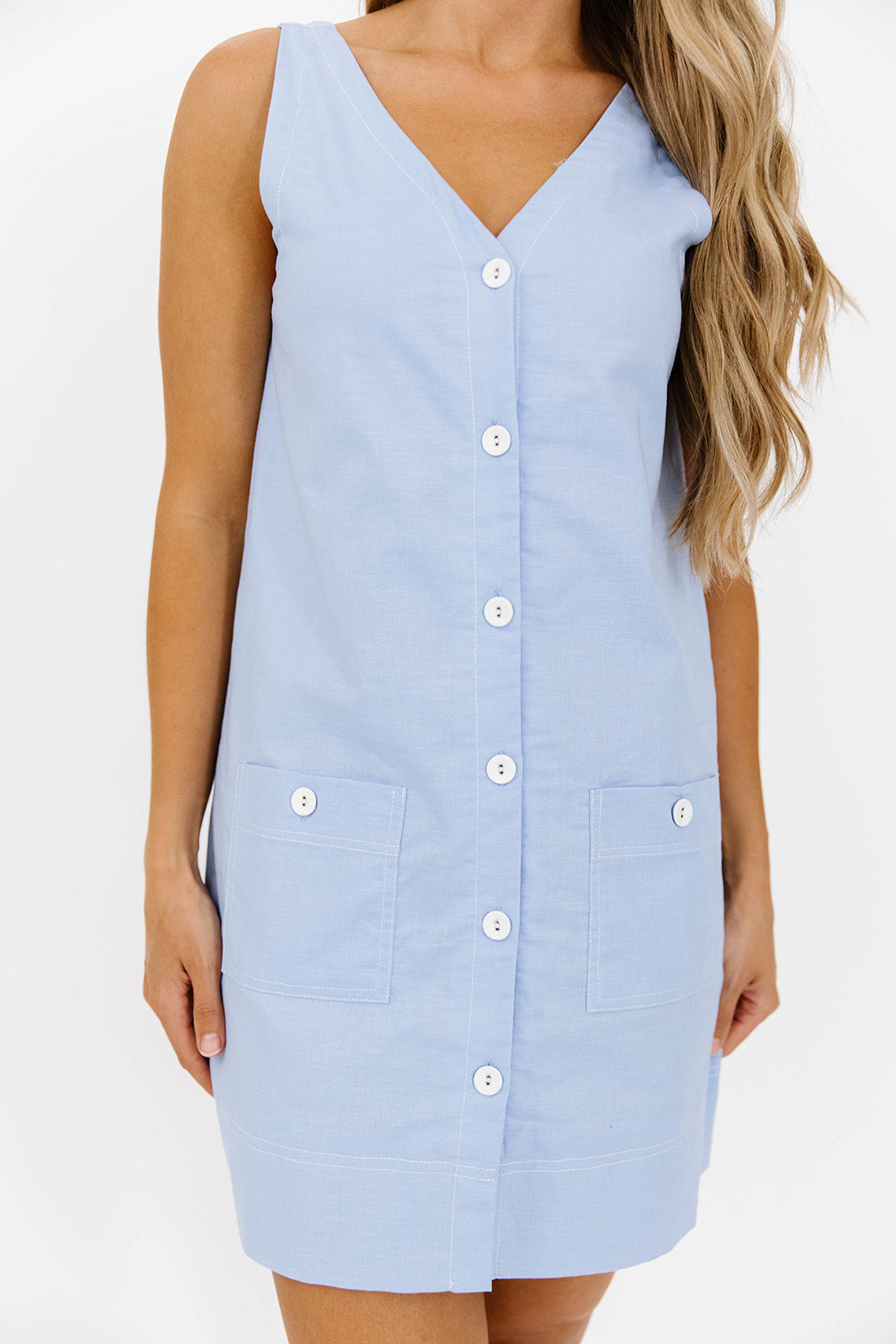 Tasi Contrast Stitch Mini Dress in Chambray