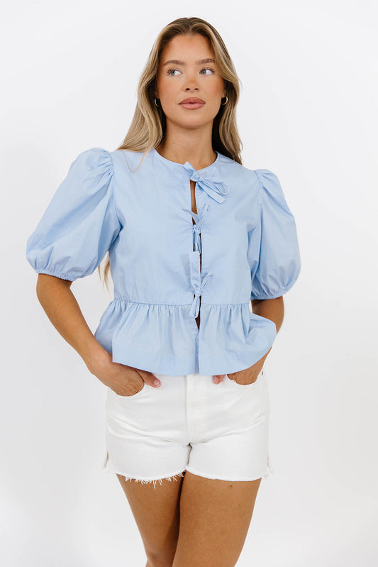 Mabel Knot Detail Peplum Top in Blue