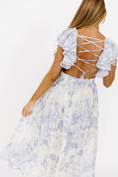 Jillian Floral Midi Dress in Blue