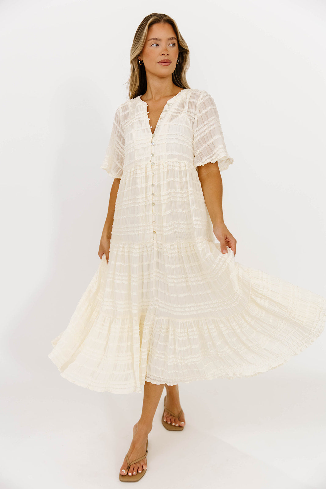 Kristin Tiered Woven Maxi Dress with Detachable Liner in Ivory - Bump Friendly