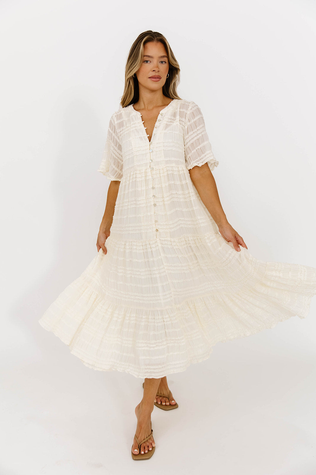 Kristin Tiered Woven Maxi Dress with Detachable Liner in Ivory - Bump Friendly