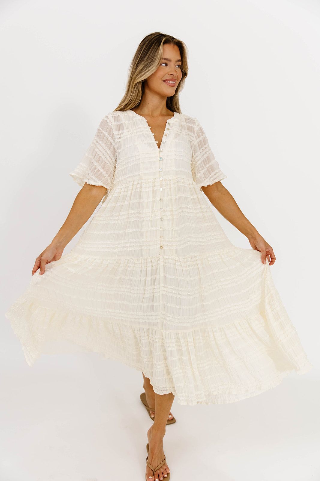 Kristin Tiered Woven Maxi Dress with Detachable Liner in Ivory - Bump Friendly