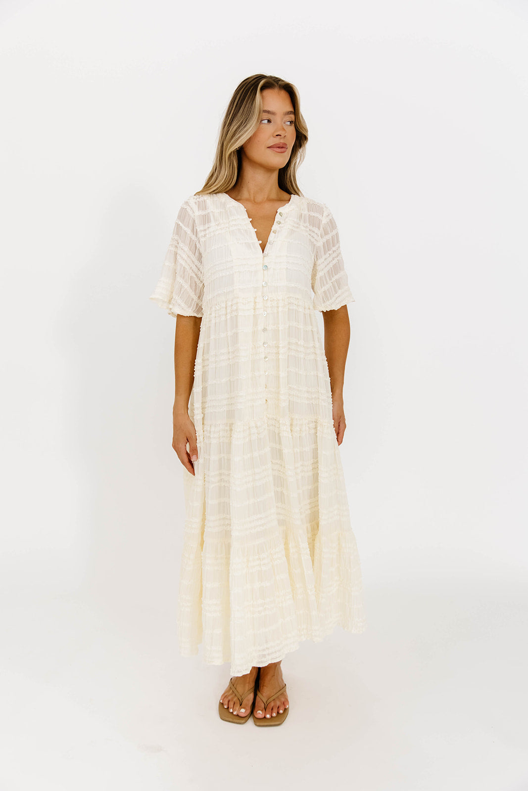 Kristin Tiered Woven Maxi Dress with Detachable Liner in Ivory - Bump Friendly