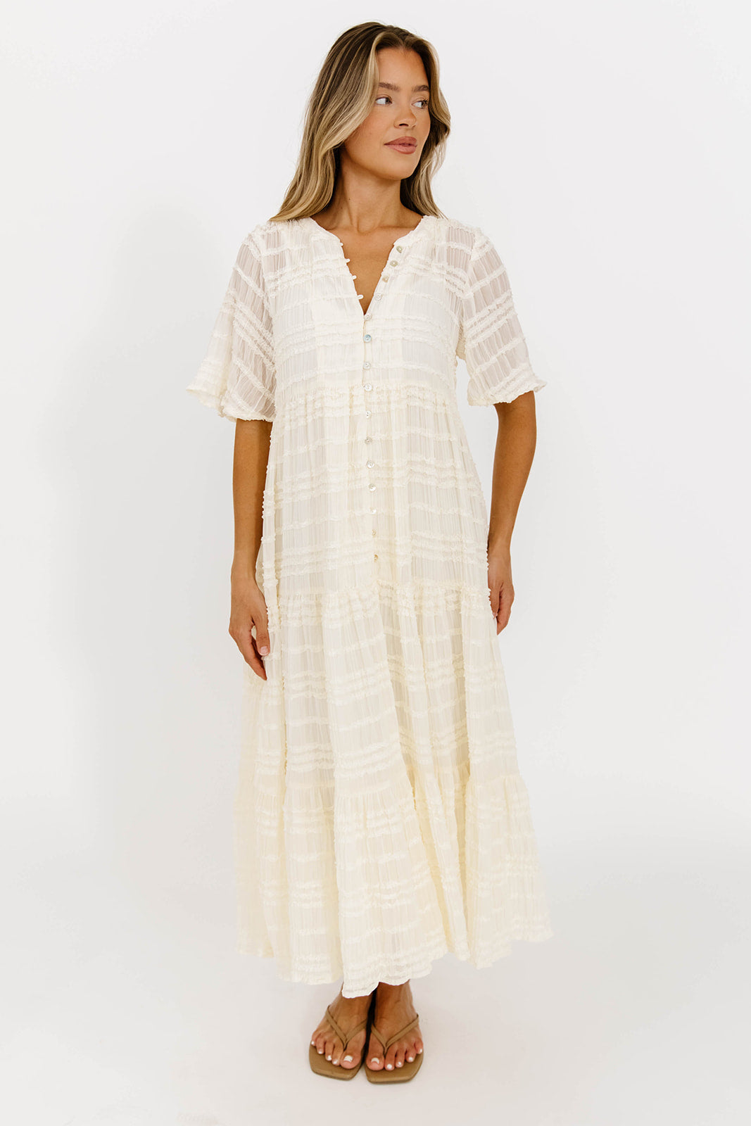 Kristin Tiered Woven Maxi Dress with Detachable Liner in Ivory - Bump Friendly