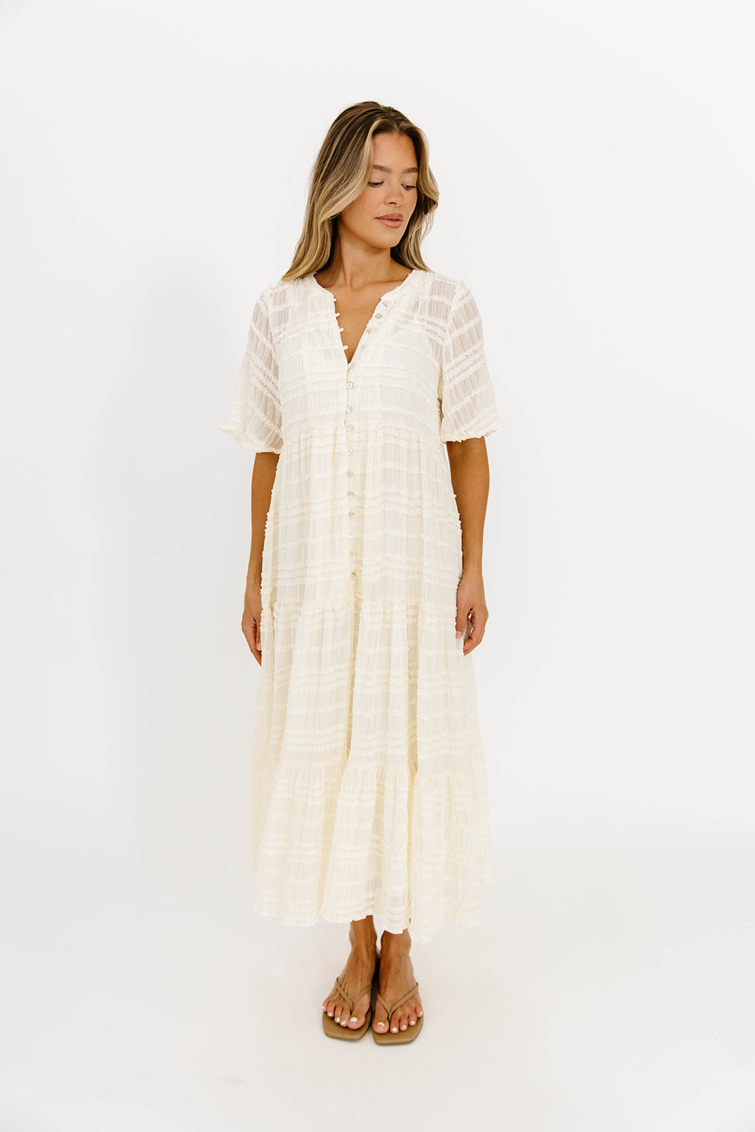 Kristin Tiered Woven Maxi Dress with Detachable Liner in Ivory - Bump Friendly