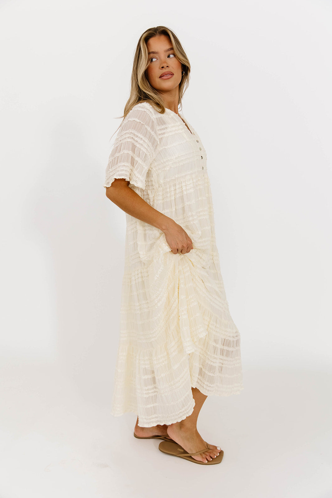 Kristin Tiered Woven Maxi Dress with Detachable Liner in Ivory - Bump Friendly