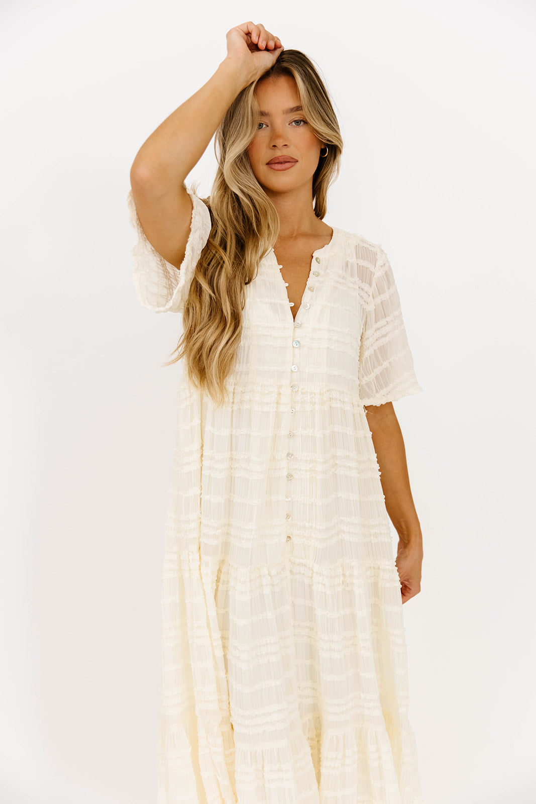 Kristin Tiered Woven Maxi Dress with Detachable Liner in Ivory - Bump Friendly