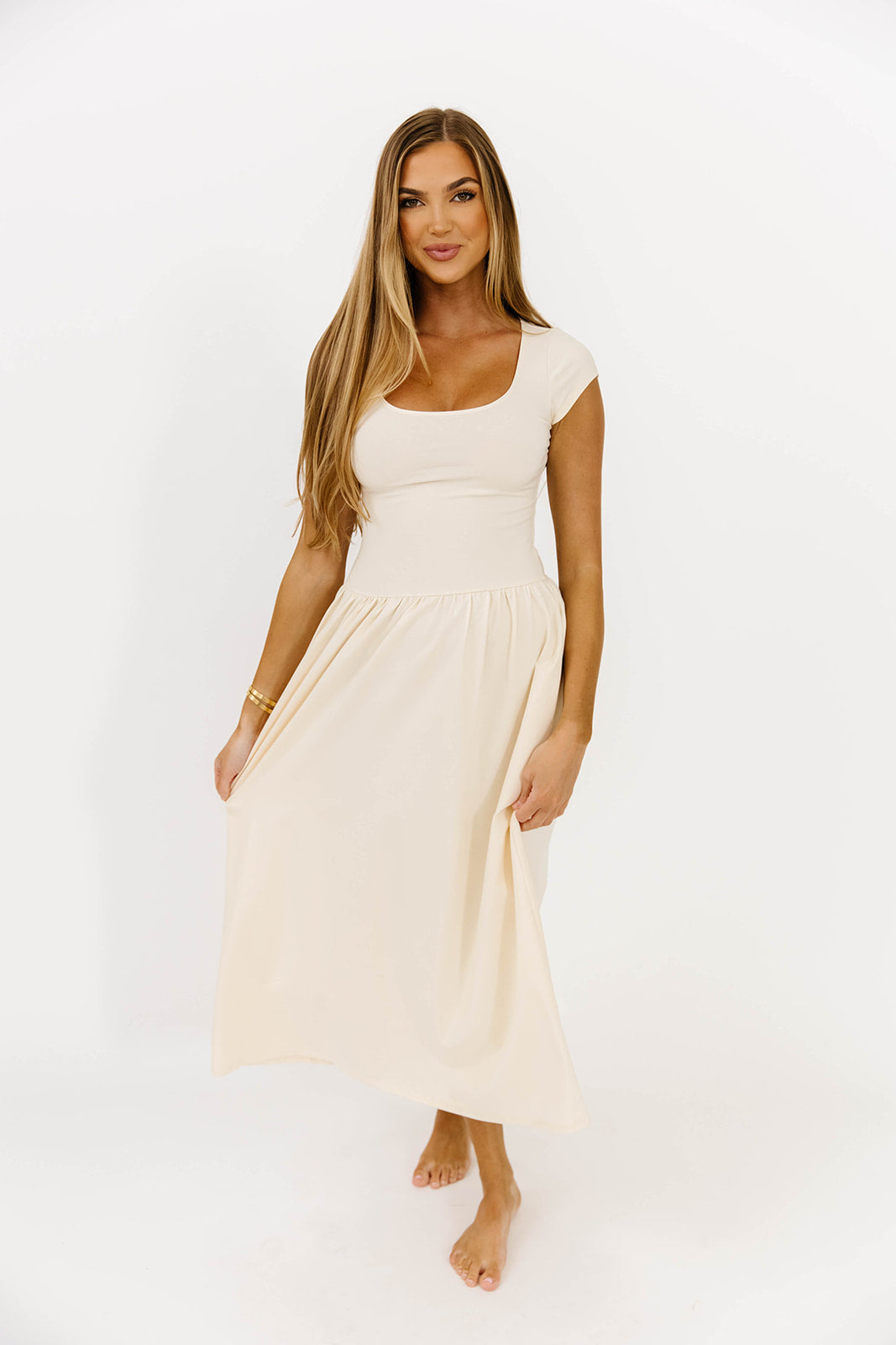 Larissa Cap Sleeve Midi Dress in Ecru