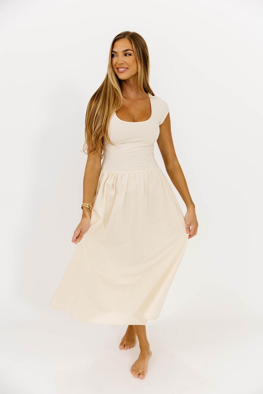 Larissa Cap Sleeve Midi Dress in Ecru