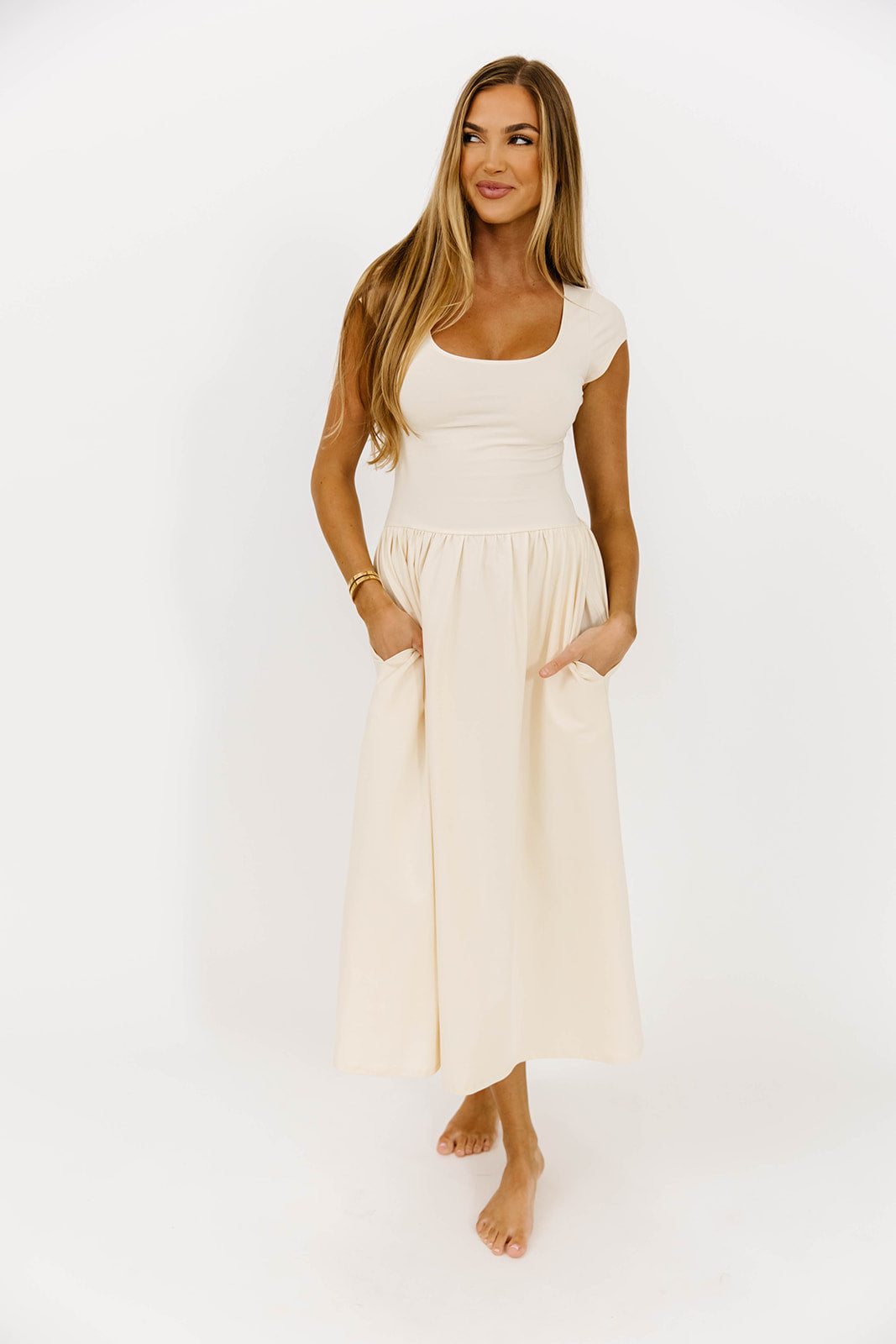 Larissa Cap Sleeve Midi Dress in Ecru