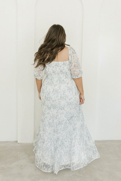 Daphne High Slit Eyelet Detail Maxi Dress in Blue and White Floral - Inclusive Sizing