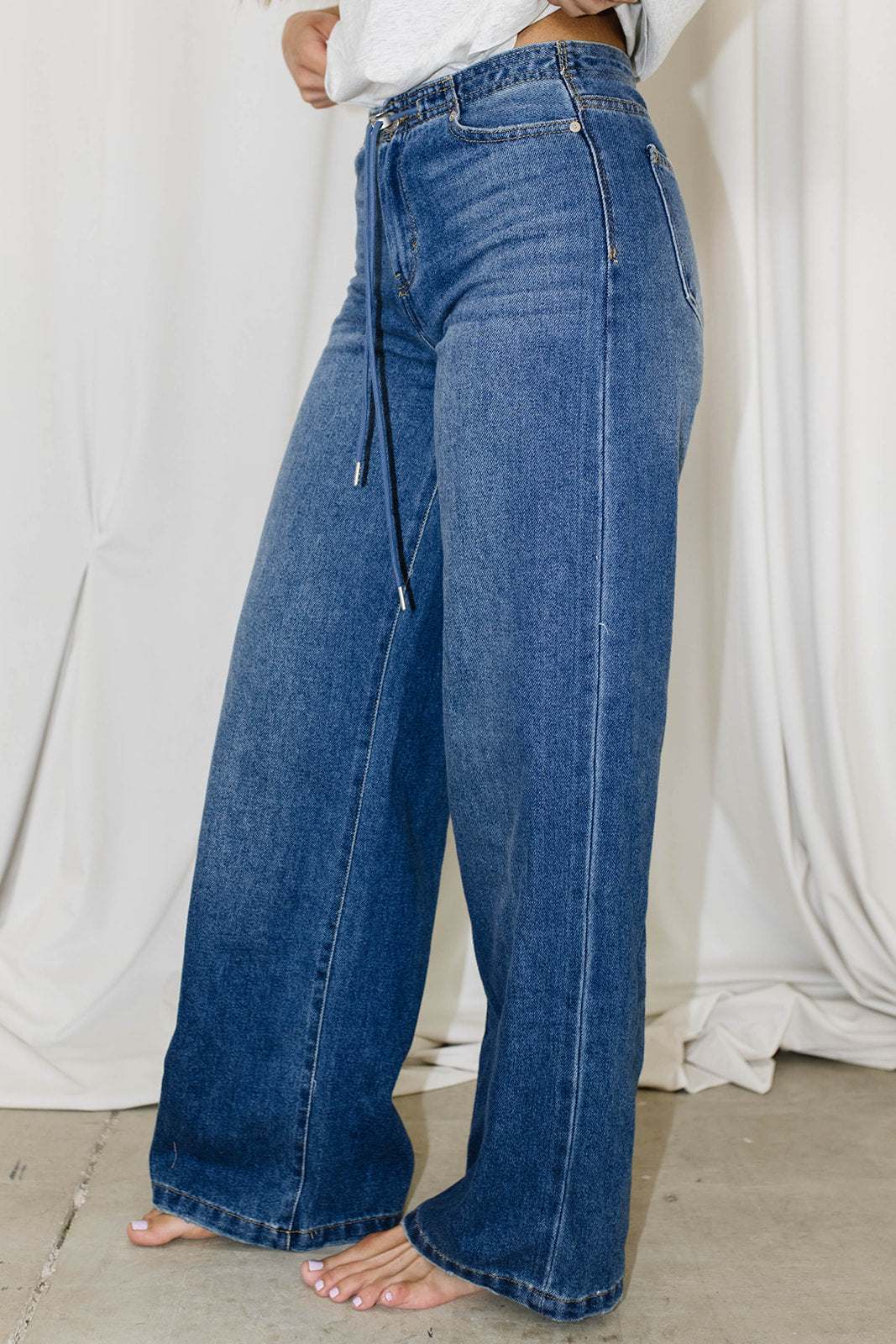 Jade Drawstring Wide Leg Jean in Baltic
