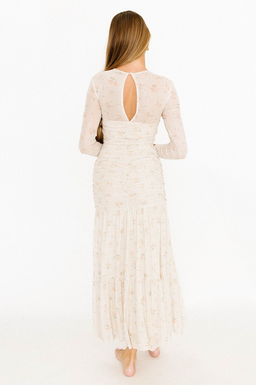 Camille Mesh Gathered Side Seam Maxi Dress in Nude Multi Floral - Bump Friendly