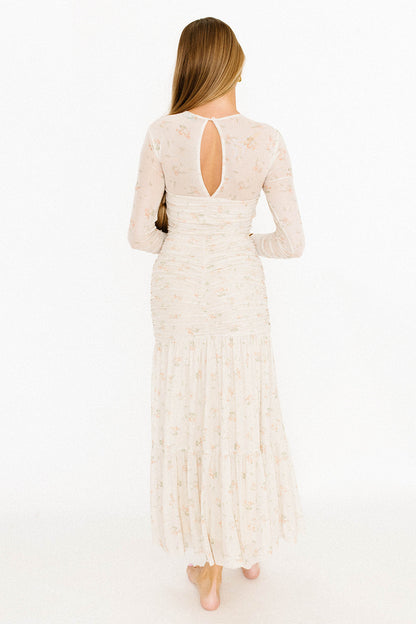 Camille Mesh Gathered Side Seam Maxi Dress in Nude Multi Floral - Bump Friendly