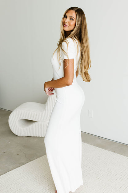 The Charlie Ribbed Maxi Dress in White - Bump Friendly