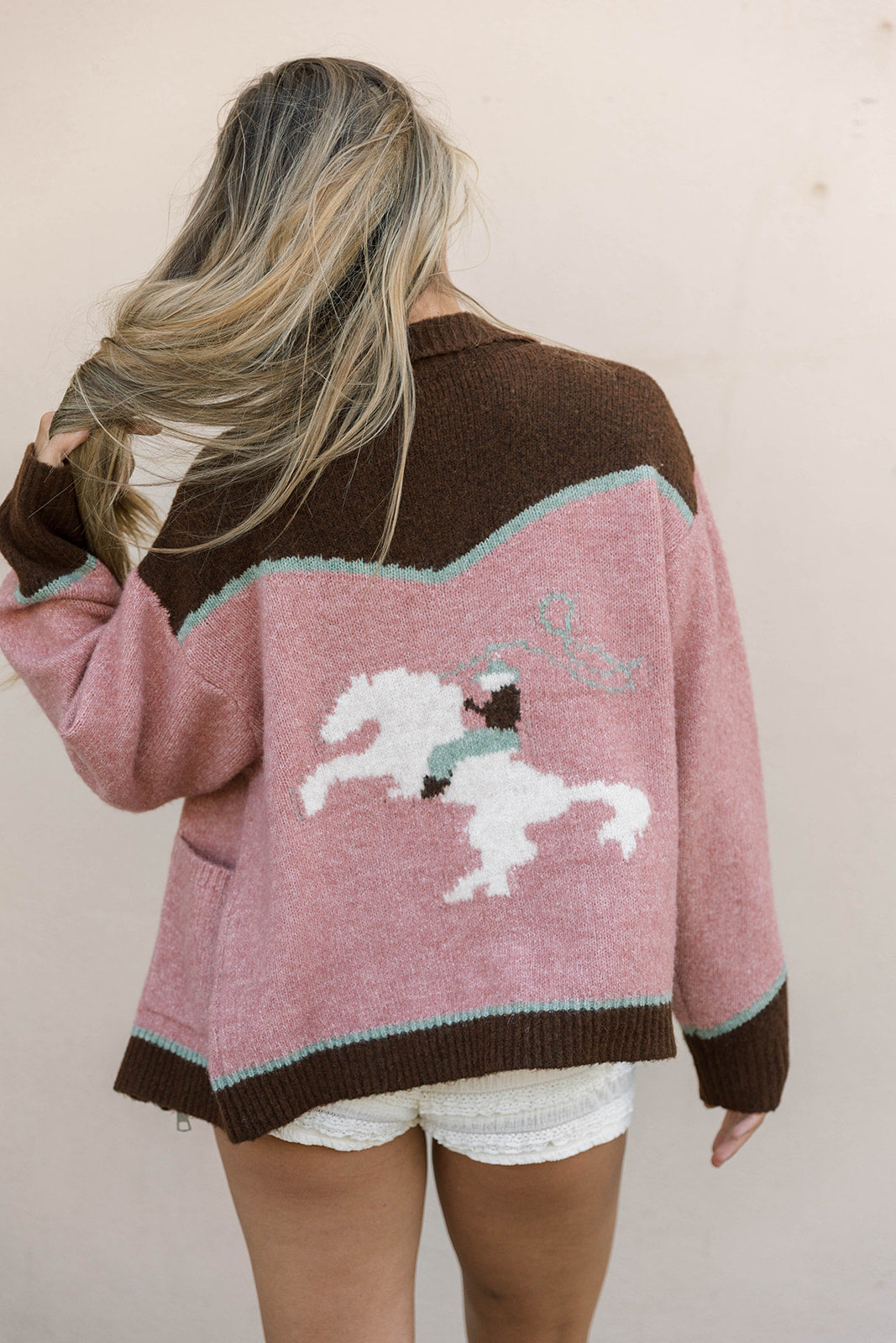 Charmayne Rodeo Cowboy Knit Sweater in Dusty Pink