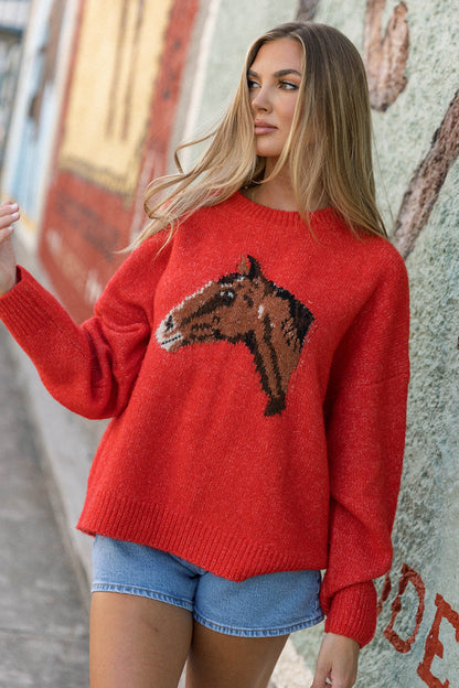 Gallant Horse Graphic Sweater in Red