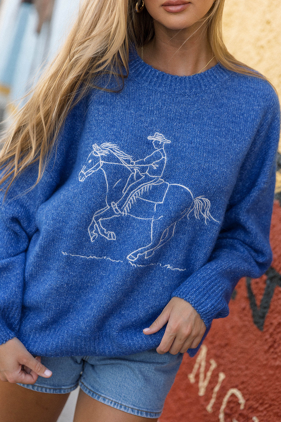 Virginia Embroidered Cowboy Knit Sweater in Royal