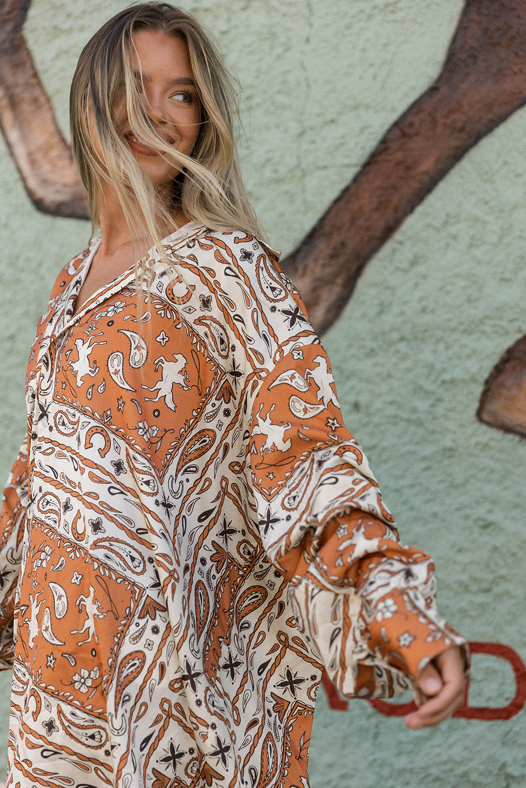 Jada Western Bandana Button-up Top in Burnt Orange