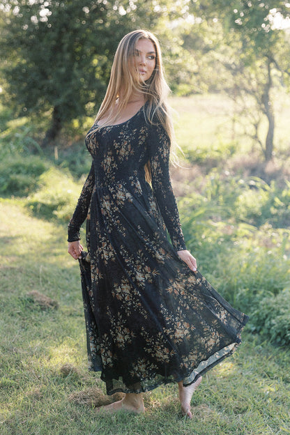 Honor Floral Smocked Woven Maxi Dress in Black - Bump Friendly