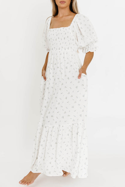 Livvy 100% Cotton Maxi Dress in Off-White / Blue Floral - Bump Friendly & Inclusive Sizing