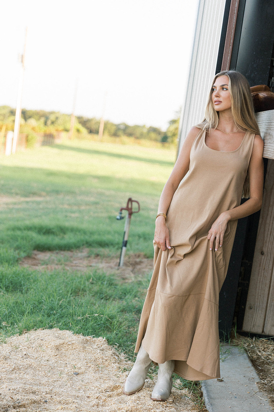 Taryn 100% Cotton Open Back Knit Maxi Dress in Camel