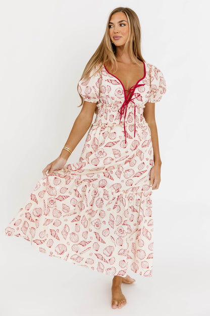 Jesse 100% Cotton Midi Dress With Puff Sleeves in Red