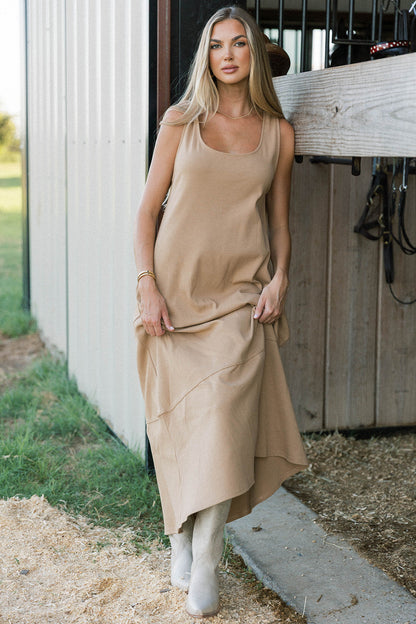 Taryn 100% Cotton Open Back Knit Maxi Dress in Camel
