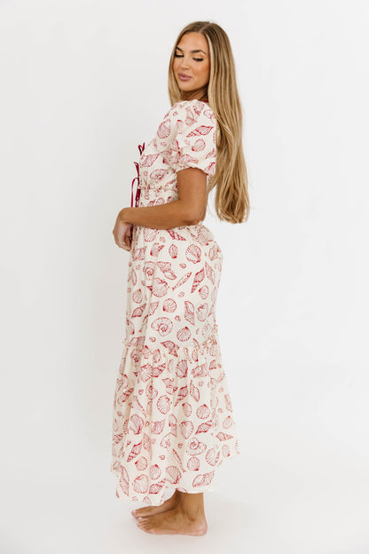 Jesse 100% Cotton Midi Dress With Puff Sleeves in Red