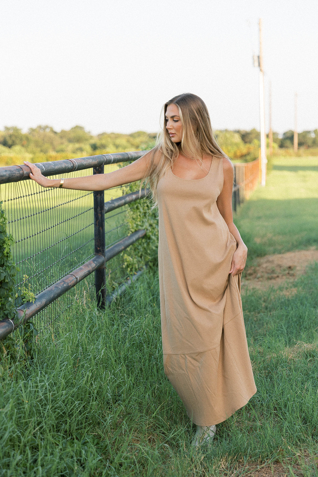 Taryn 100% Cotton Open Back Knit Maxi Dress in Camel
