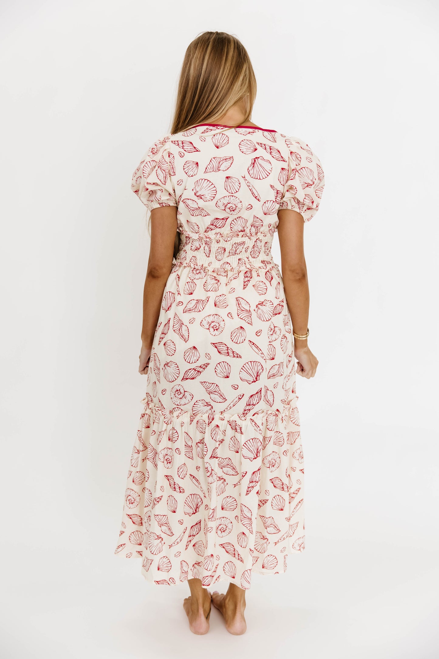 Jesse 100% Cotton Midi Dress With Puff Sleeves in Red