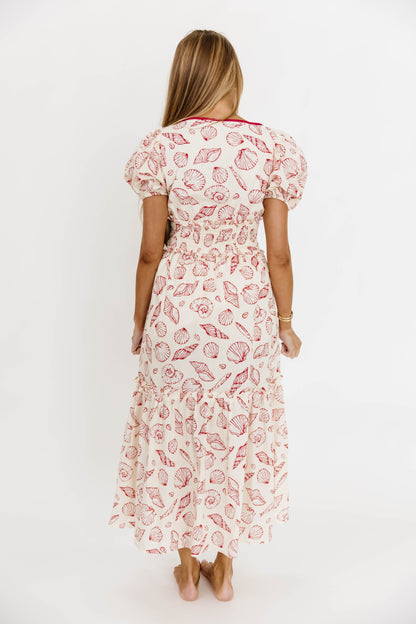 Jesse 100% Cotton Midi Dress With Puff Sleeves in Red