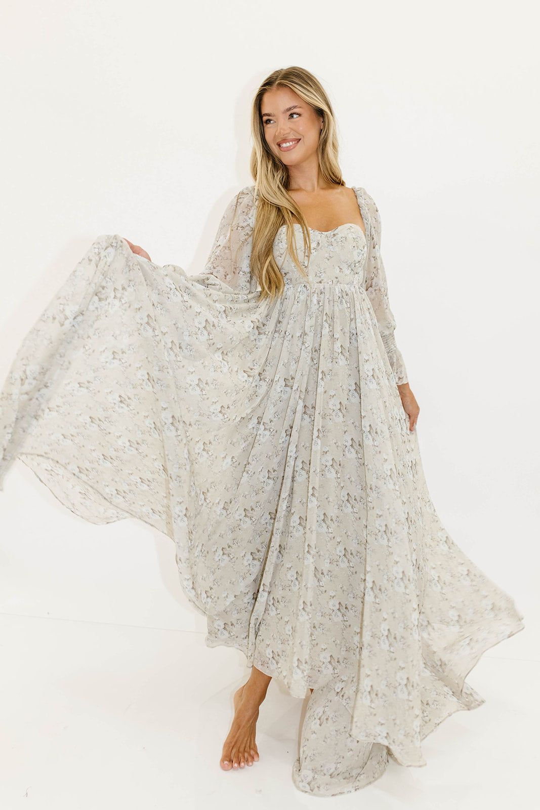 Delilah Maxi Dress with Train in Grey/Blue - Bump Friendly