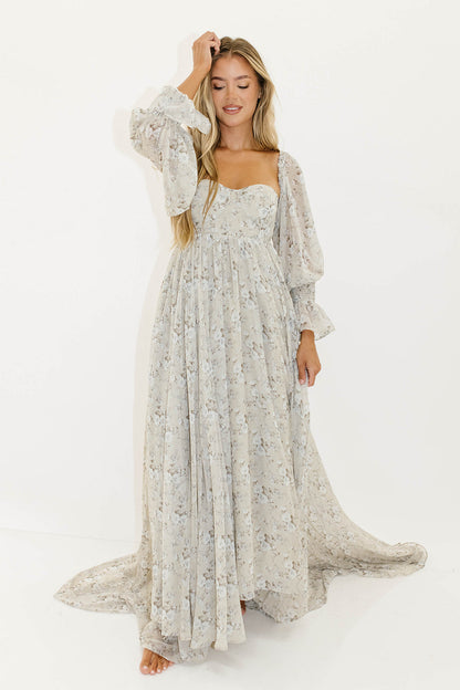 Delilah Maxi Dress with Train in Grey/Blue - Bump Friendly