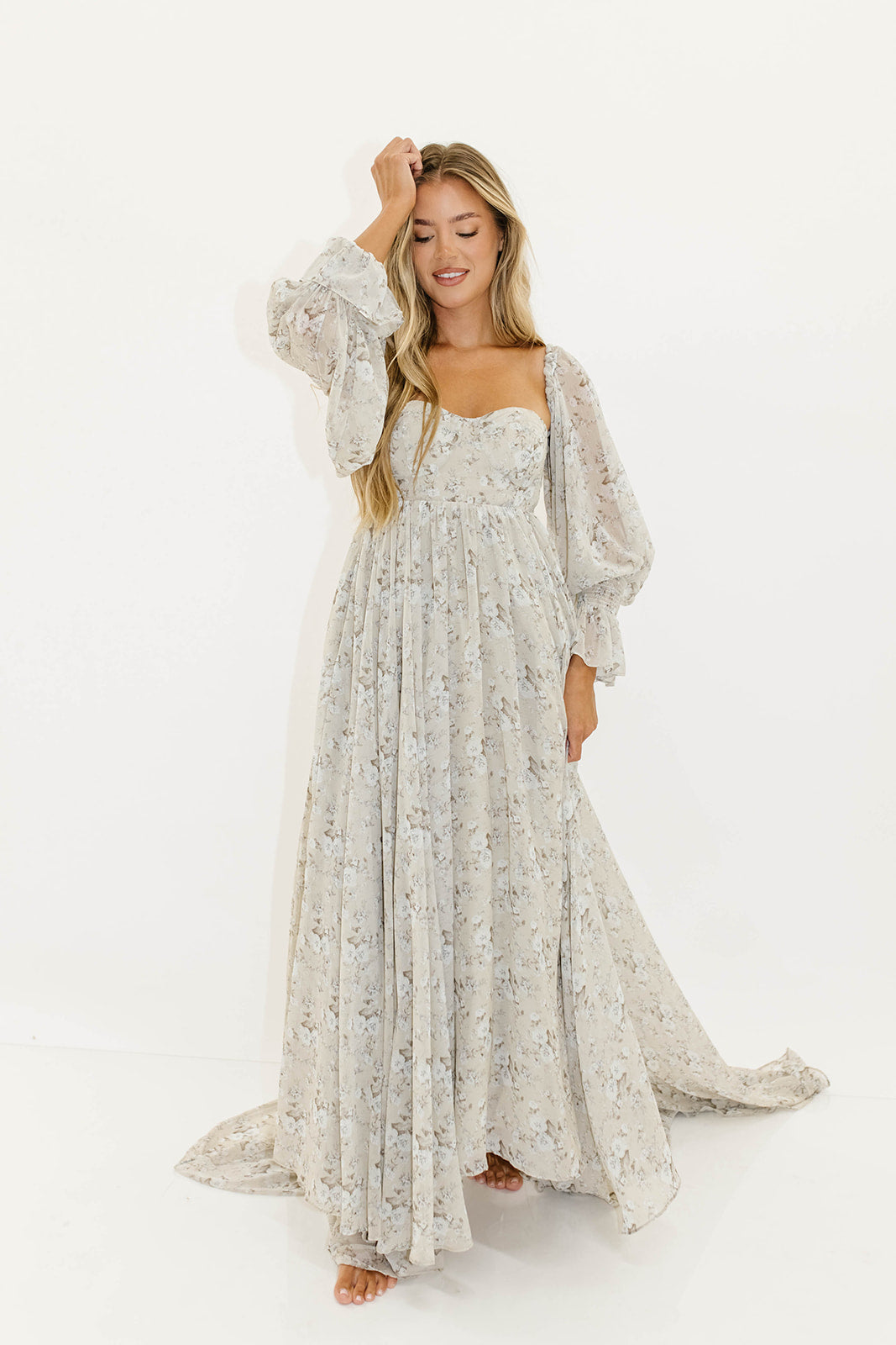 Delilah Maxi Dress with Train in Grey/Blue - Bump Friendly