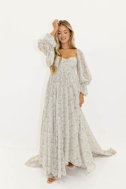 Delilah Maxi Dress with Train in Grey/Blue - Bump Friendly