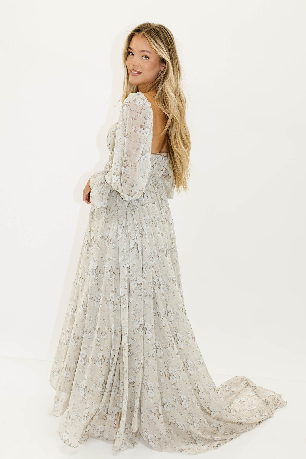 Delilah Maxi Dress with Train in Grey/Blue - Bump Friendly