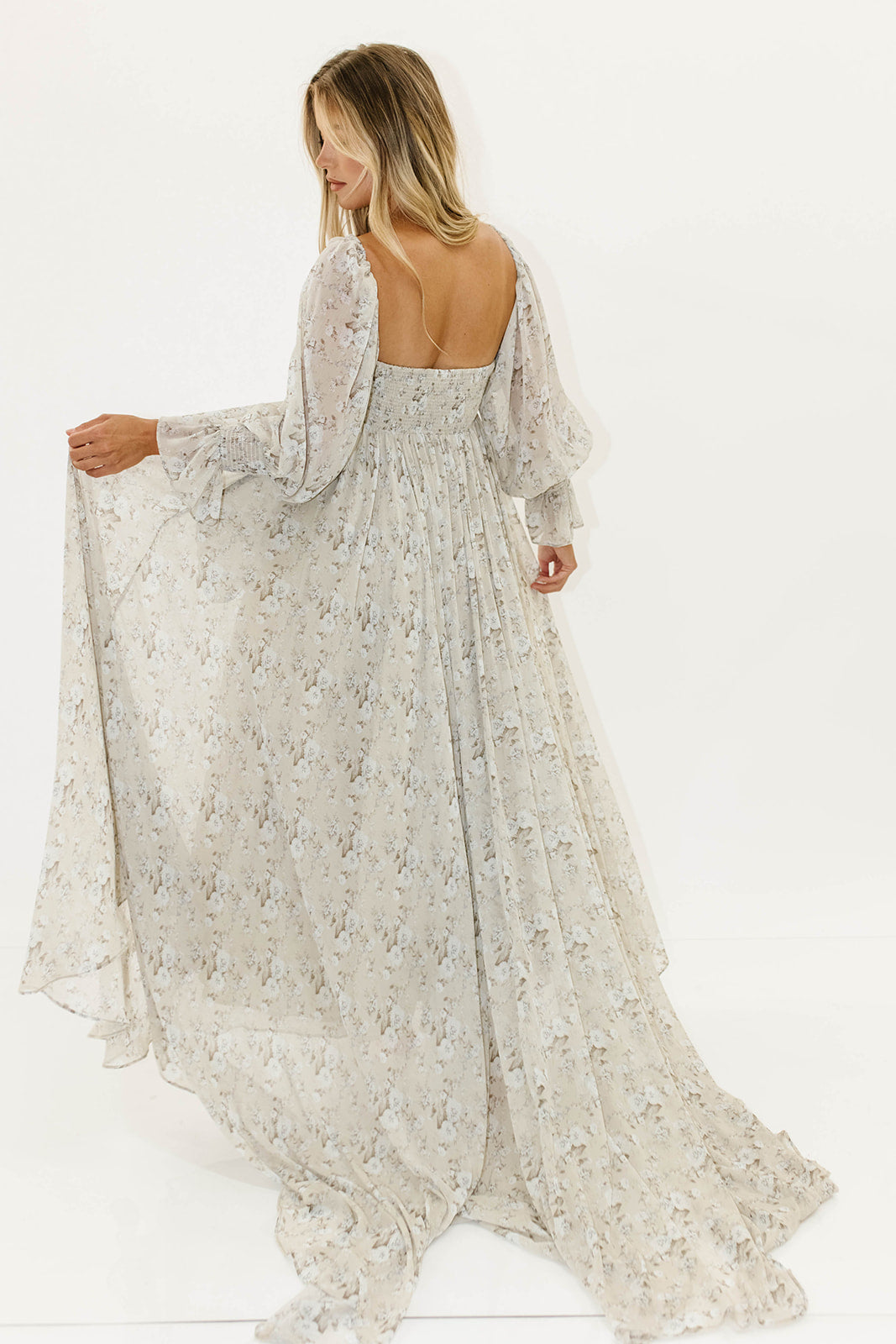 Delilah Maxi Dress with Train in Grey/Blue - Bump Friendly