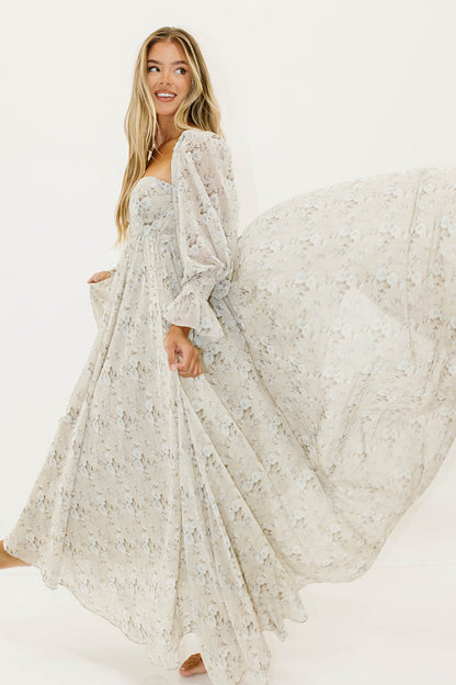 Delilah Maxi Dress with Train in Grey/Blue - Bump Friendly