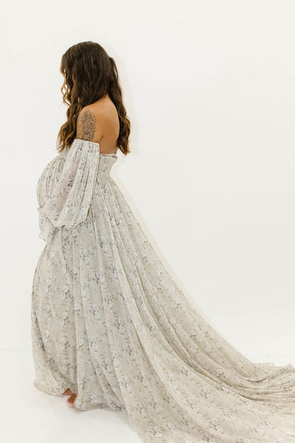 Delilah Maxi Dress with Train in Grey/Blue - Bump Friendly