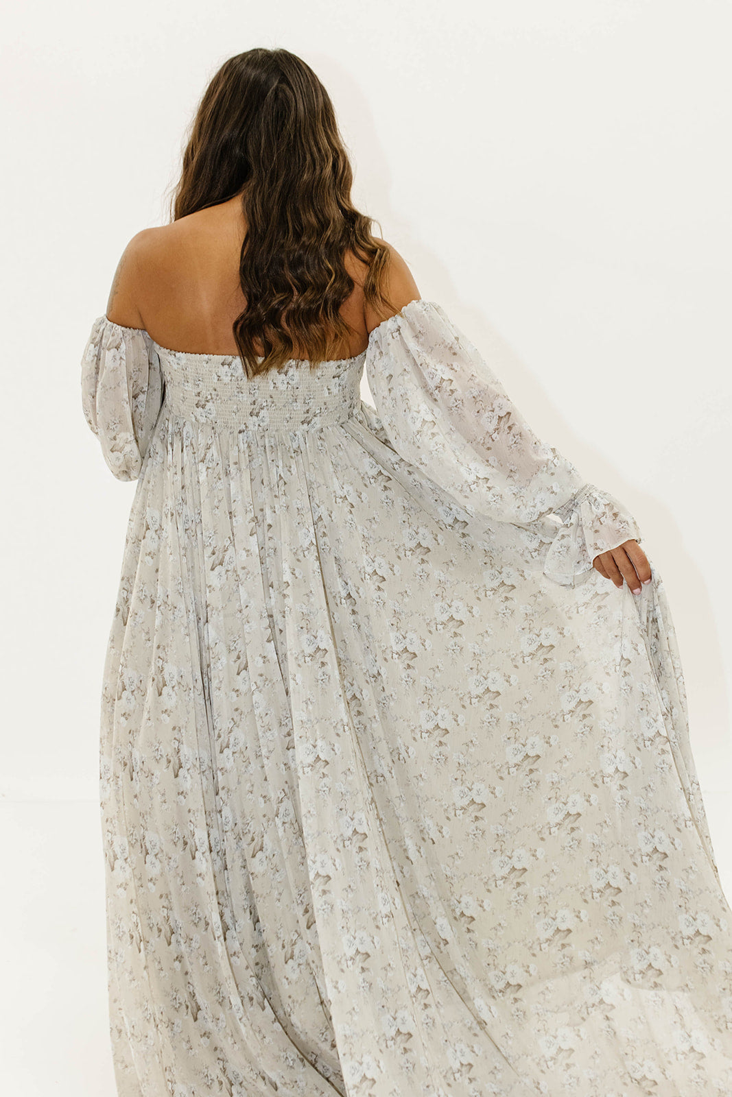 Delilah Maxi Dress with Train in Grey/Blue - Bump Friendly