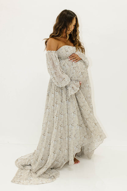 Delilah Maxi Dress with Train in Grey/Blue - Bump Friendly