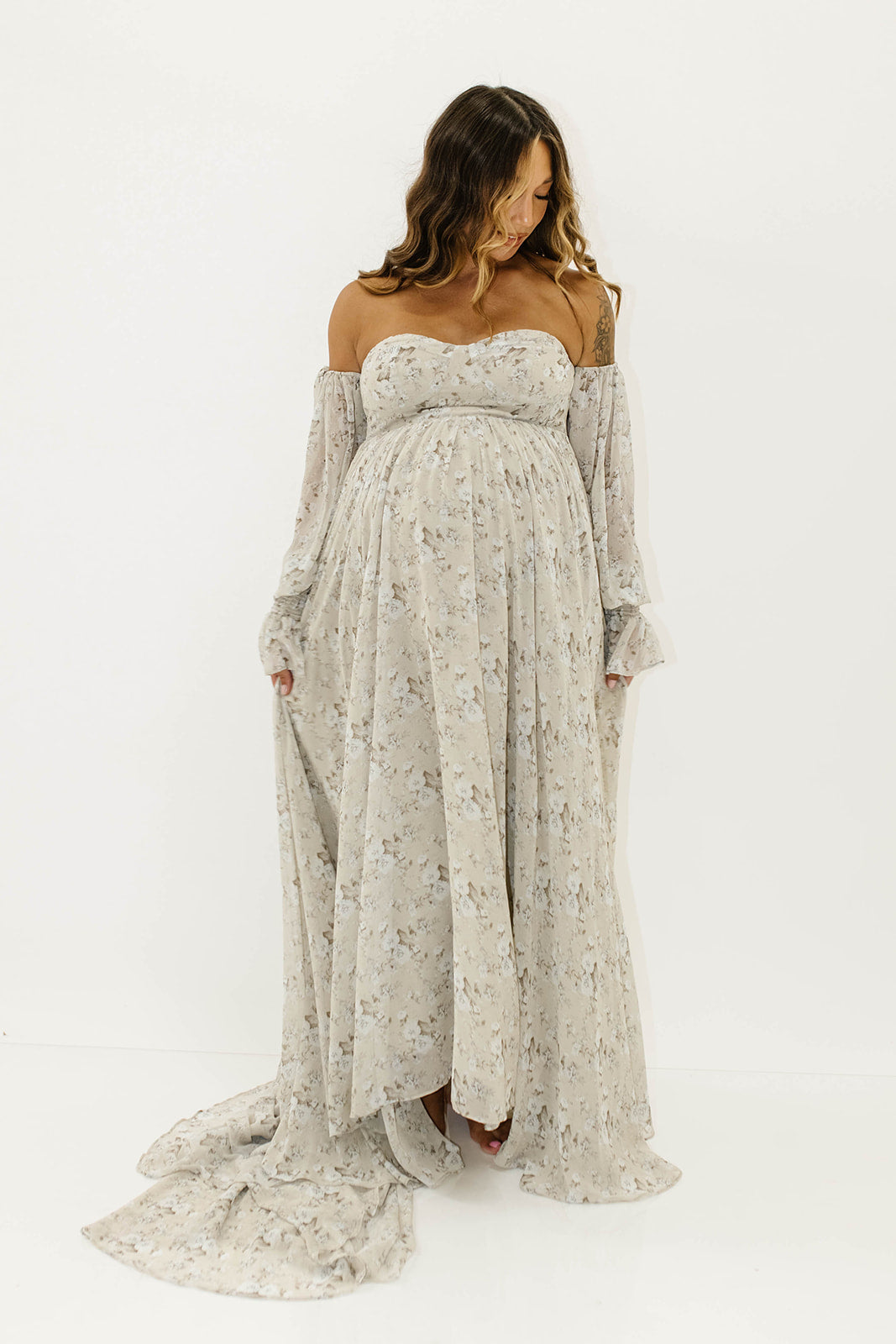 Delilah Maxi Dress with Train in Grey/Blue - Bump Friendly