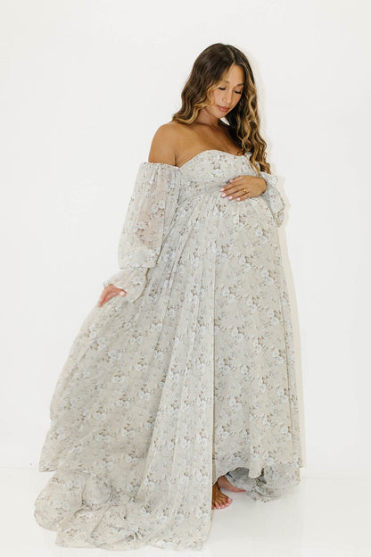Delilah Maxi Dress with Train in Grey/Blue - Bump Friendly