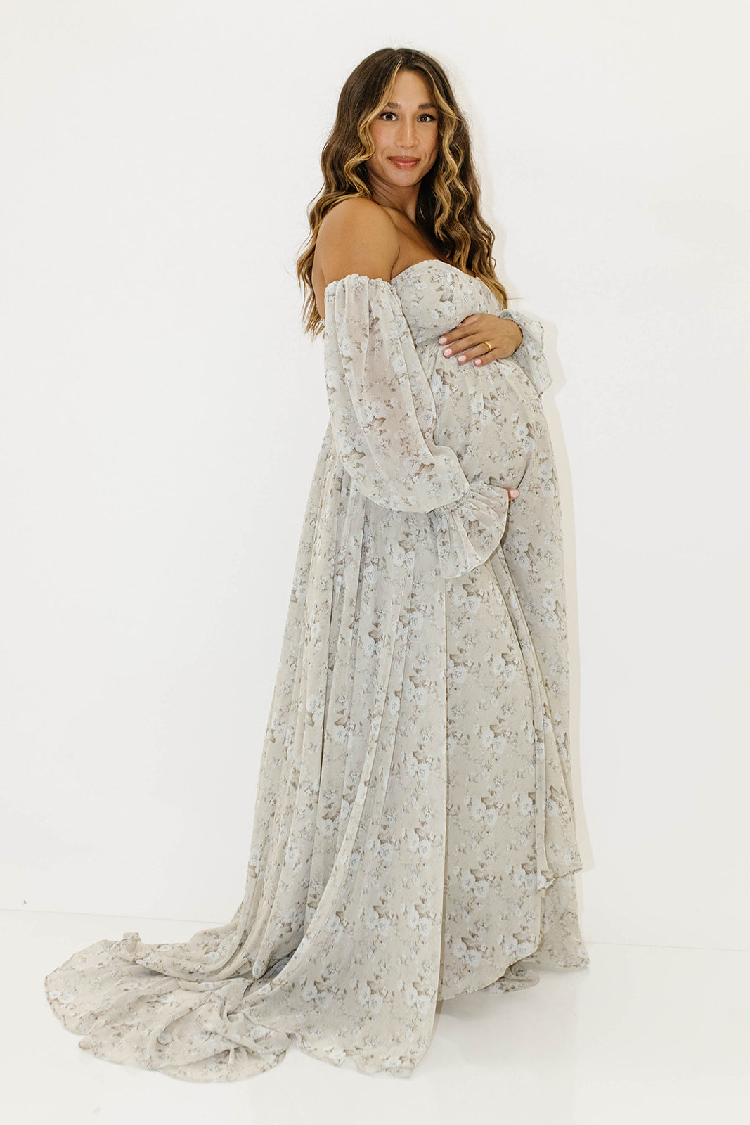 Delilah Maxi Dress with Train in Grey/Blue - Bump Friendly