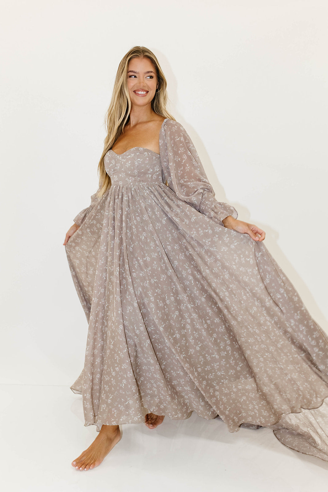 Delilah Maxi Dress with Train in Taupe - Bump Friendly - Sold Out Sizes Restocking in Nov
