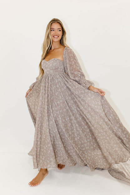 Delilah Maxi Dress with Train in Taupe - Bump Friendly - Sold Out Sizes Restocking in Nov