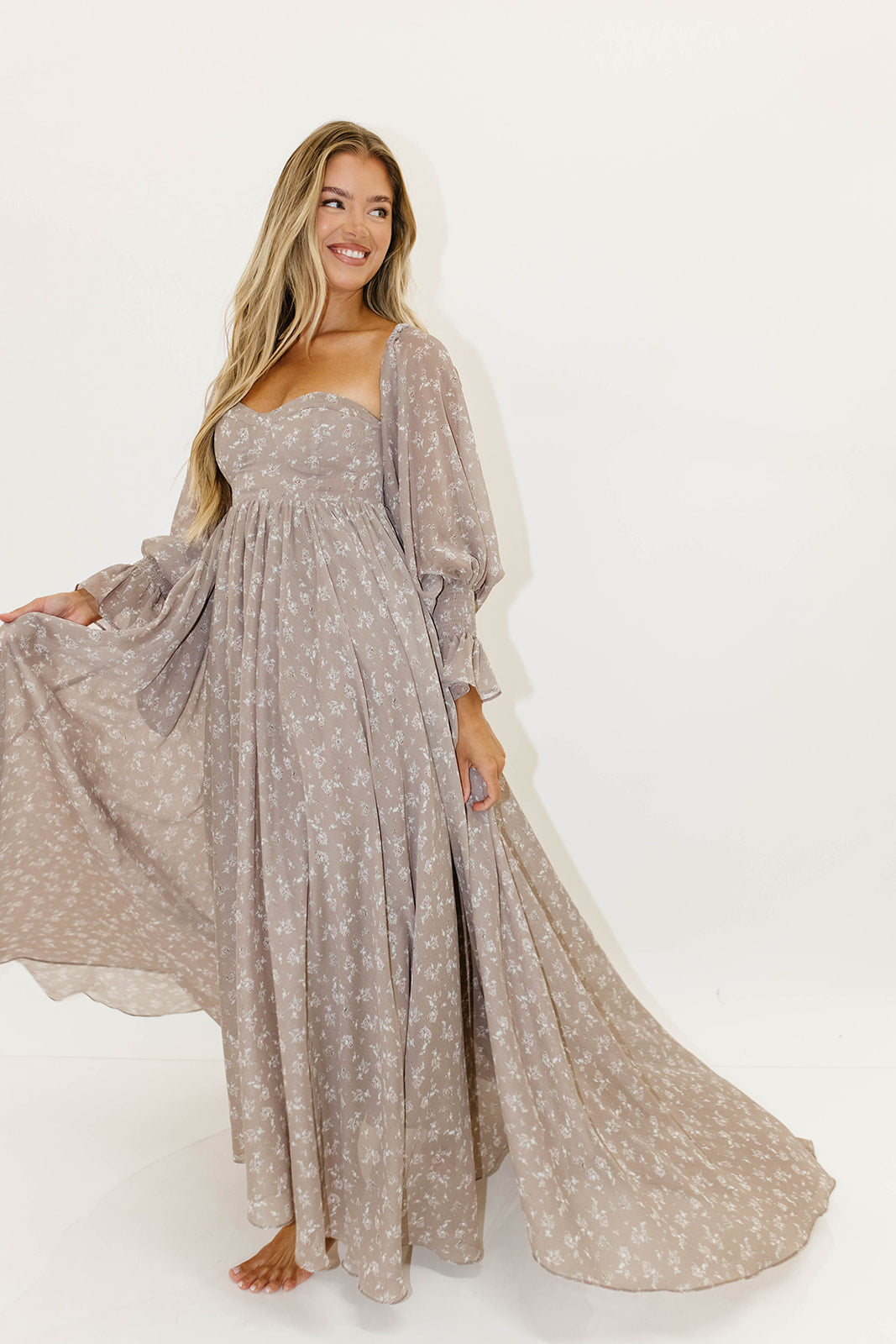 Delilah Maxi Dress with Train in Taupe - Bump Friendly - Sold Out Sizes Restocking in Nov